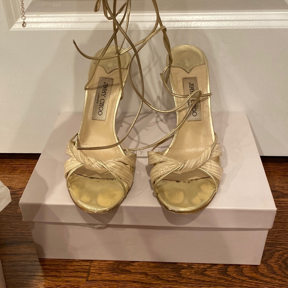Jimmy choo silk metallic shoes 95 heel size 38.5